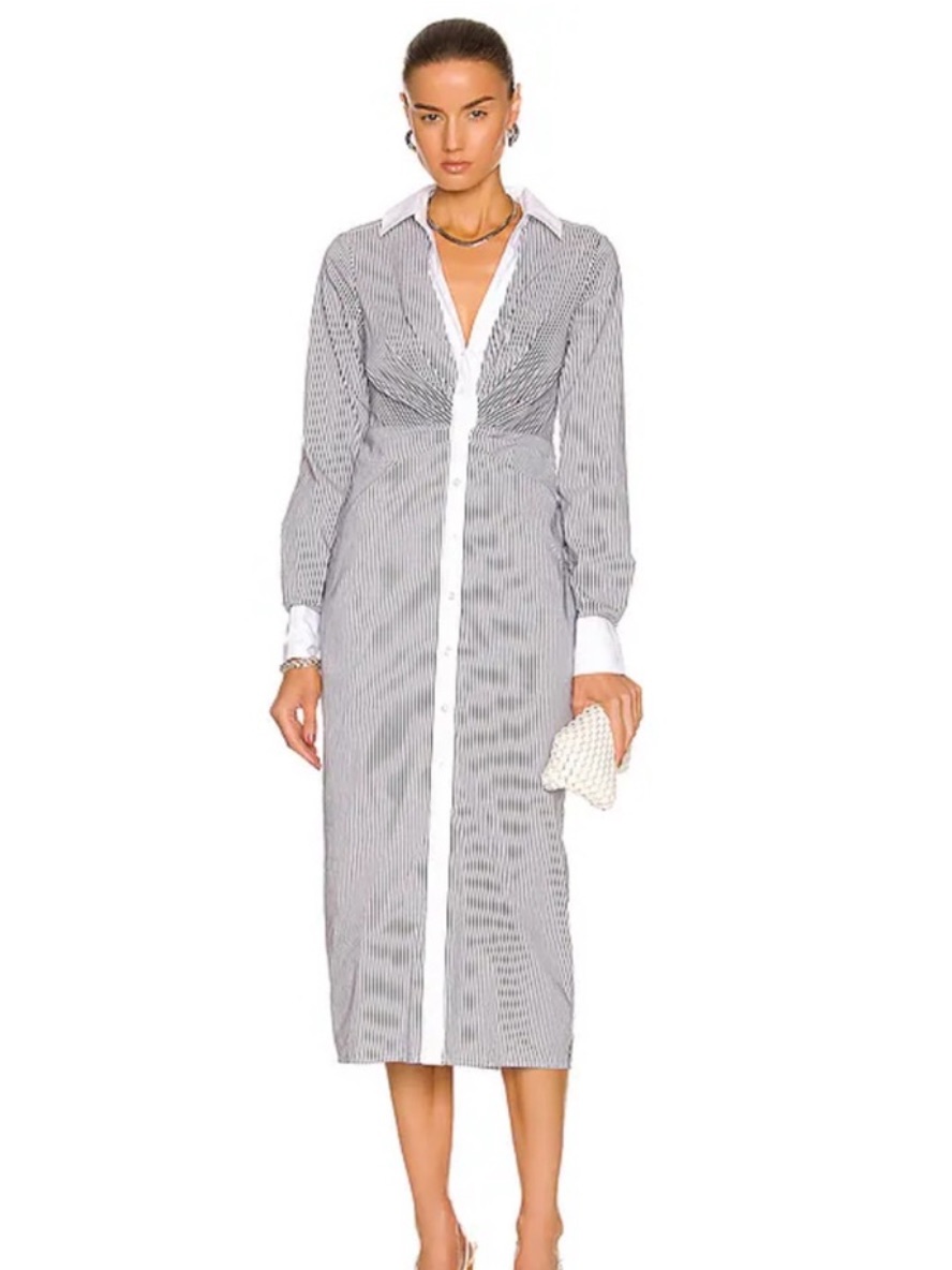 Veronica Beard Cotton Blend Midi Ruched Striped Cita Shirt Dress Charcoal Size 2